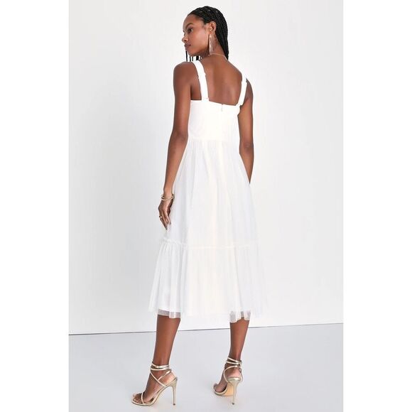 Lulus Feeling Gorgeous White Swiss Dot Tulle Bustier Midi Dress Size XS New - Picture 4 of 10